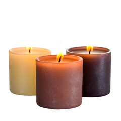 Elegant Arrangement of Three Lit Candles in a Row on White Background