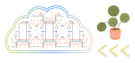Cloud with integrated circuitry portraying connectivity and data, a green potted plant symbolizing eco-friendliness, and directional arrows. Ideal for technology, cloud storage, environment