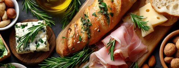 A beautifully set table showcases a colorful array of breads, fruits, cheeses, nuts, and prosciutto for an inviting feast