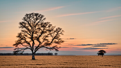 Fototapeta premium Tree in Golden Field at Sunrise