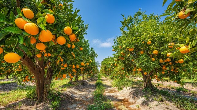 Lush orange orchard with ripe fruit hanging from trees under a clear blue sky - Powered by Adobe
