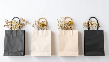Four paper shopping bags, two black, two beige, sit side-by-side, each holding dried flowers, against a white backdrop in soft, diffused lighting