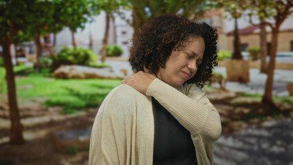Hispanic woman with curly hair hand on shoulder for pain near shaded trees in green park setting; discomfort.