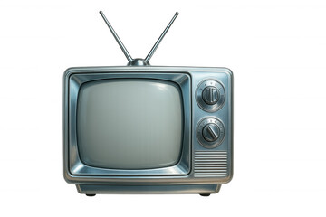 Vintage tv with bent rabbit ears displaying analog static, symbolizing mid-20th century television broadcasting on isolated background