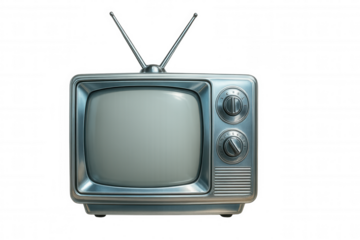 Vintage tv with bent rabbit ears displaying analog static, symbolizing mid-20th century television broadcasting on isolated background