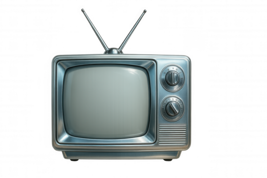 Vintage tv with bent rabbit ears displaying analog static, symbolizing mid-20th century television broadcasting on isolated background
