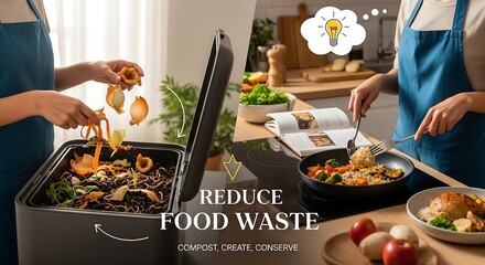 A split image showing a person composting food waste on the left and another person cooking in a kitchen with a lightbulb thought bubble on the right, promoting food waste reduction.