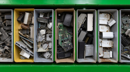 Wide close-up of multiple boxes lined side by side, each with distinct e-waste components sorted neatly.