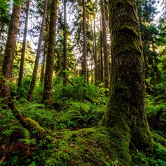 Obraz premium Lush forest floor, sunlight filtering through trees