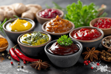 Colorful Variety of Sauces and Spices on Rustic Table
