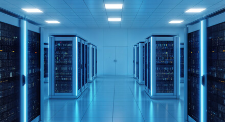 Server room displays rows of server racks in data center, providing critical IT infrastructure. Server racks are key for data storage, cloud computing, and network solutions.