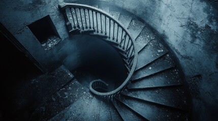 Eerie Spiral Stairway in Dimly Lit Building with Intricate Banister, Haunting Mystery Awaits