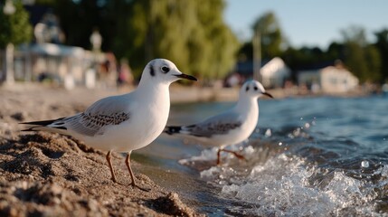 Obraz premium Two seagulls glide above tranquil waves, illuminated by the soft pink hues of dawn, capturing the calming essence of the beach