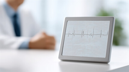Close-up of tablet computer displaying heart rate monitor graph in clinical setting, symbolizing telemedicine, modern healthcare technology and remote patient diagnostics.