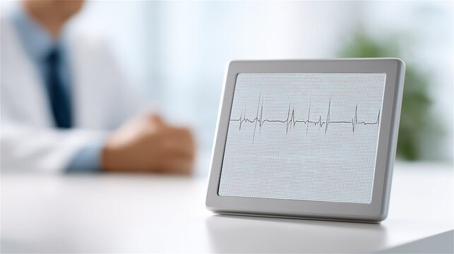 Close-up of tablet computer displaying heart rate monitor graph in clinical setting, symbolizing telemedicine, modern healthcare technology and remote patient diagnostics.