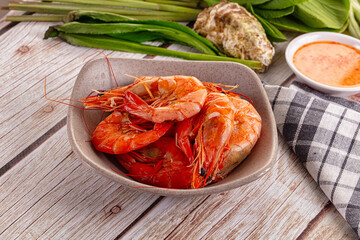 Delicous boiled tiger prawn with sauce