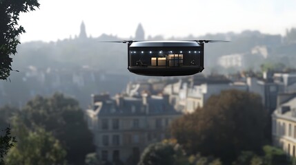 A futuristic air vehicle, resembling a pod, hovering above a cityscape with buildings.