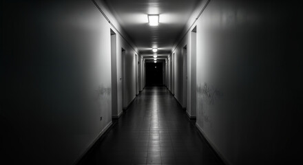 Dark corridor view with vanishing point, long perspective offers intrigue. Long perspective shot features hallway receding into shadow, dark corridor creating sense of mystery.