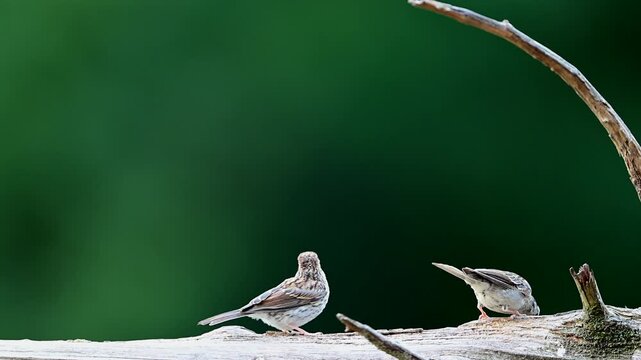 Adult Chipping Sparrow feeding a fledgling on a log in the woods, slow motion