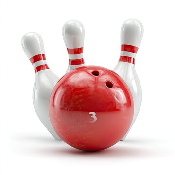 Red bowling ball flanked by three white bowling pins on a white background