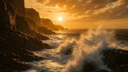 A golden sunrise over waves splashing on rocky coast, great for travel