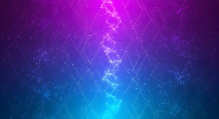 Abstract scientific background featuring a glowing digital DNA double helix structure against a vibrant purple and blue cosmic backdrop with geometric patterns
