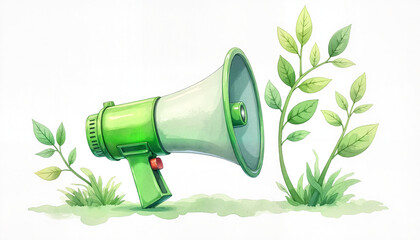 Green marketing design showcases megaphone among green leaves, suggesting eco-friendly advertising, and environmentally conscious communication.