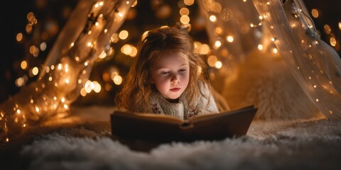 A young girl with red hair is lying on a fluffy rug, engrossed in reading a book. She is surrounded by a magical, softly lit space created by strings of fairy lights draped overhead 