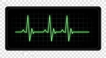 Digital display of a vital signs monitor showing a bright green, fluctuating electrocardiogram wave on a dark screen, symbolizing health and medical data