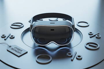 Experience immersive virtual reality savings this Cyber Monday with cutting edge VR headset and discount symbols prominently displayed for maximum shopping excitement