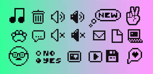 A collection of retro pixelated user interface icons. Creative digital assets for web and app design with a nostalgic 90s aesthetic for your DIY digital projects