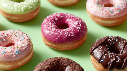 Colorful glazed donuts with sprinkles on a green background.