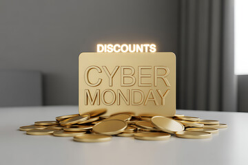 Celebrate massive savings with glowing "Cyber Monday Discounts" sign surrounded by a luxurious pile of golden coins, signaling immense retail opportunities and wealth accumulation for shoppers.