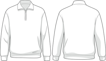 Front and Back View of a White Quarter Zip Sweatshirt with Collar and Cuffs pullover sweater © rayhan039