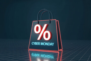 Score amazing deals this Cyber Monday with a bold percentage symbol and glowing neon accents on a sleek shopping bag, perfect for announcing huge discounts and driving online sales.