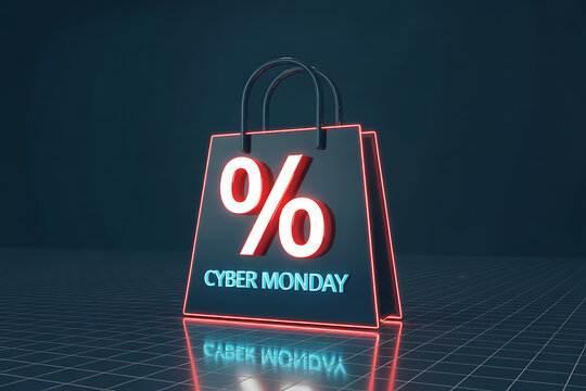 Score amazing deals this Cyber Monday with a bold percentage symbol and glowing neon accents on a sleek shopping bag, perfect for announcing huge discounts and driving online sales. - Powered by Adobe