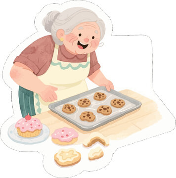 grandmother baking cookies watercolor style clip art preview