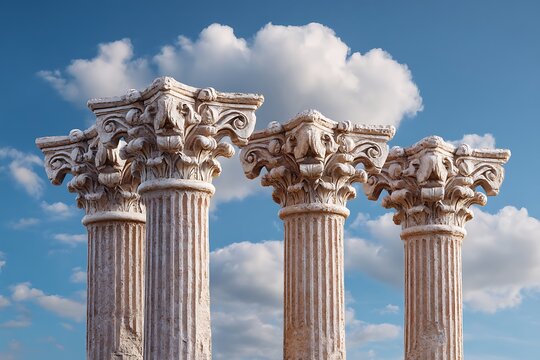Four classical columns stand against a bright blue sky with fluffy clouds, symbolizing ancient architecture.