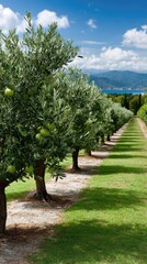 Vibrant red apples shine in the sunlight under lush trees, while a path leads to calm waters and distant hills
