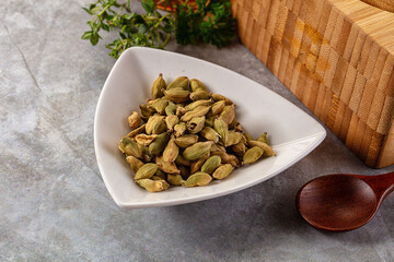 Green dry cardamom heap spices aroma