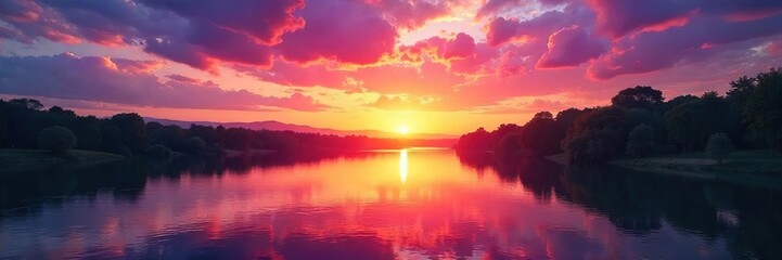 Naklejka premium A vibrant sunset paints the sky as a river flows smoothly, reflecting the colorful light The scene evokes a sense of calm and natural beauty , clouds, fresh