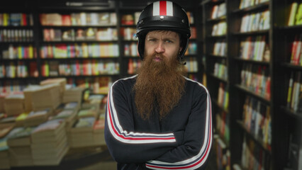 Man with helmet standing with crossed arms amid rows of book shelves in a library building;...