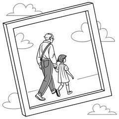 Minimilist illustration of a grandfather and granddaughter walking together inside a picture frame art piece vector