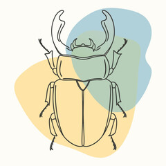 Minimilist outlined stag beetle illustration with abstract background shapes in yellow green and blue tones vector
