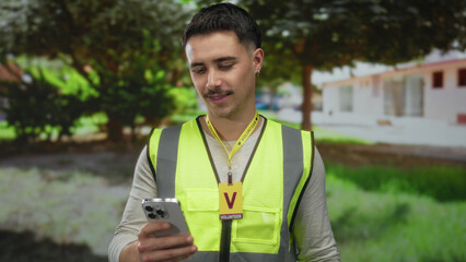 Hispanic man wearing reflective vest using smartphone outdoors in park, showcasing volunteer work.