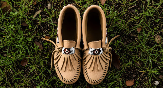 Moccasin Shoes on Green Grass: Indigenous Craftsmanship and Outdoor Lifestyle - Powered by Adobe