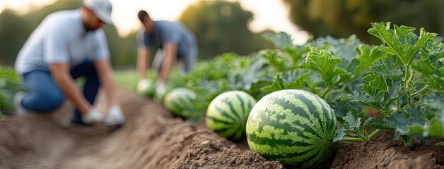 Farmers gather ripe watermelons as the sun sets, casting a golden glow on their dewy skin and vibrant green surroundings