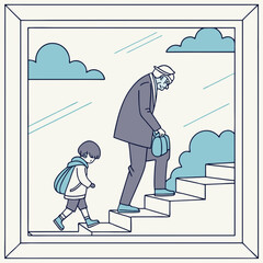 Minimilist illustration of an old man in a suit and a young boy walking on stairs against a cloudy background vector