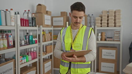 Young man in a reflective vest organizing donations in a charity room, highlighting his volunteer...
