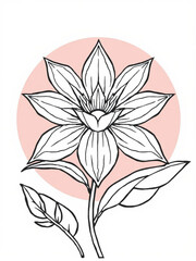 Minimilist aesthetic floral design with white flower and leaves on a stem against a pink circular background art vector